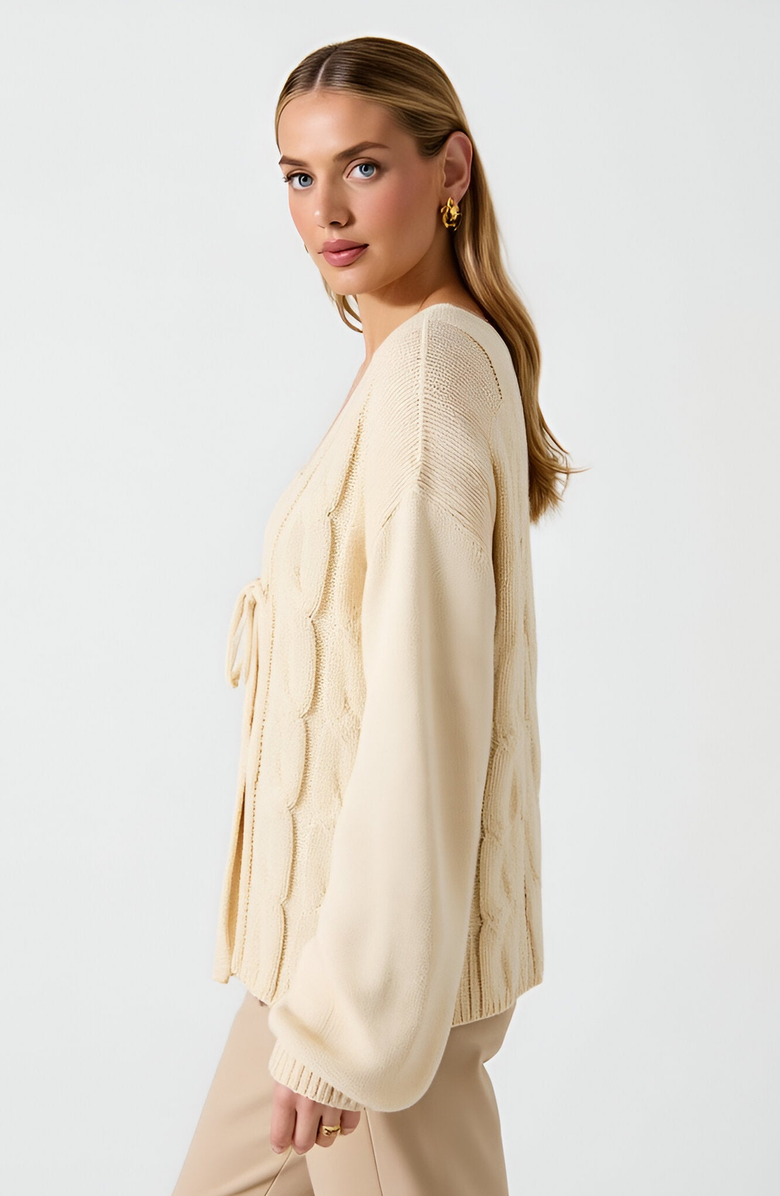 Modenaire Long Sleeve Cable Knit Tie Front Cardigan Sweater, Alternate, color,