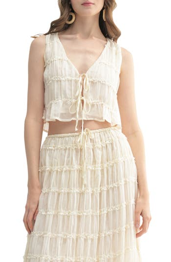 Lush Ruffle Tie Front Top In Cream