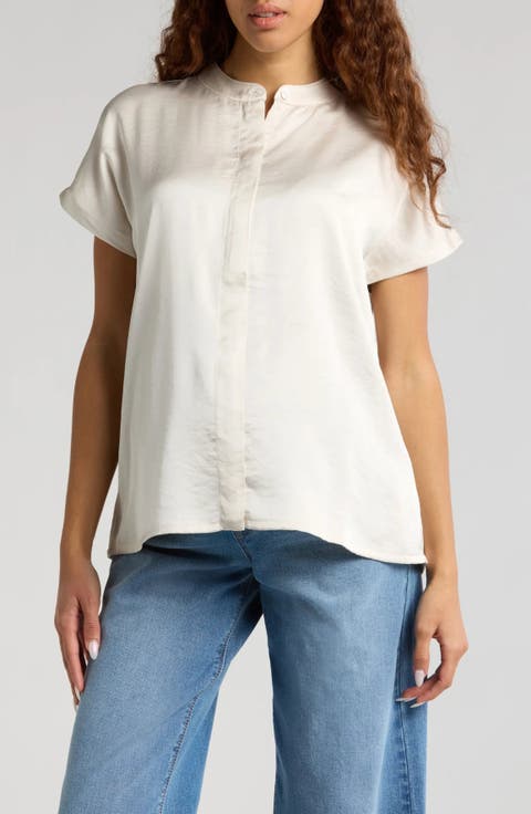 Women's Short Sleeve Satin Maternity Shell Top with Concealed Nursing Zip