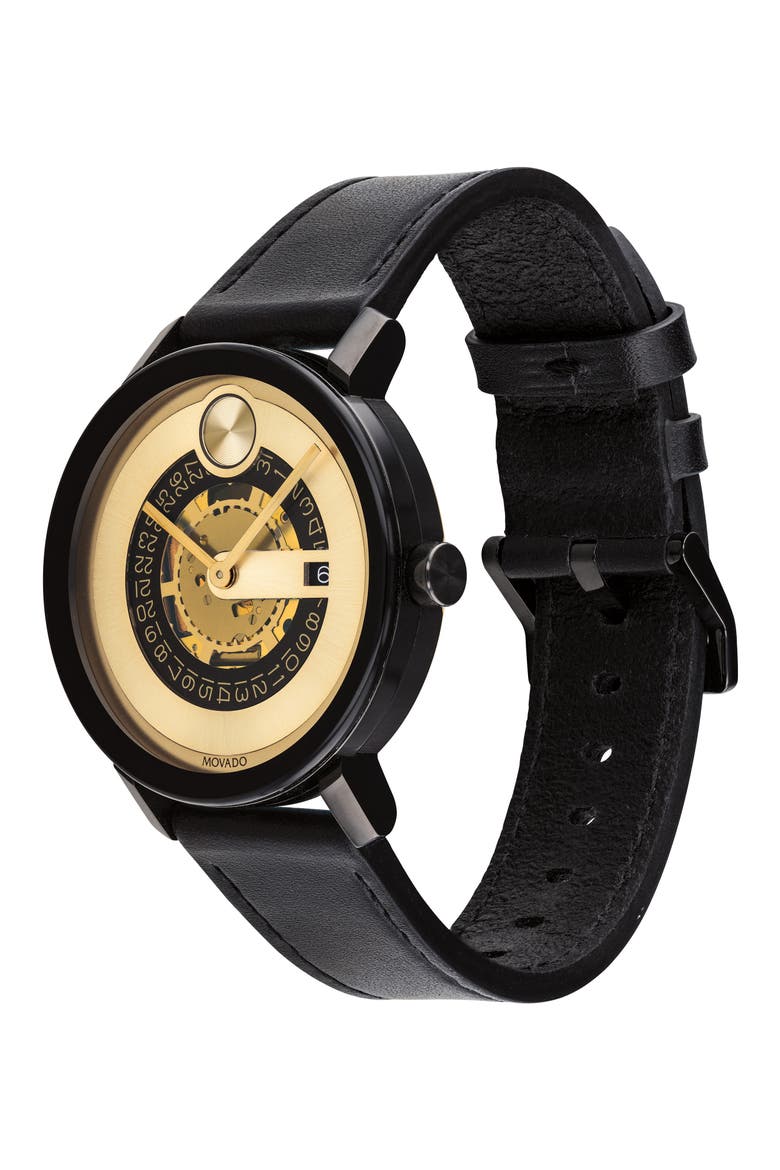Bold Evolution Leather Strap Watch, 40mm, Alternate, color, BLACK/ GOLD/ BLACK