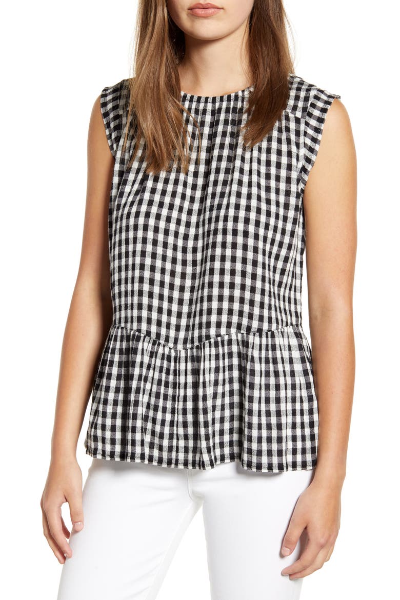 Flutter Hem Woven Tank, Main, color, BLACK WHITE CHAMBRAY PLAID