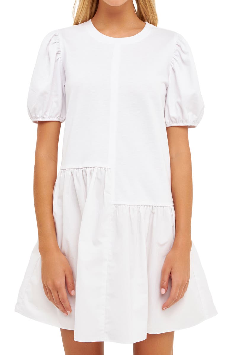 English Factory Puff Shoulder Mixed Media Minidress, Alternate, color, White