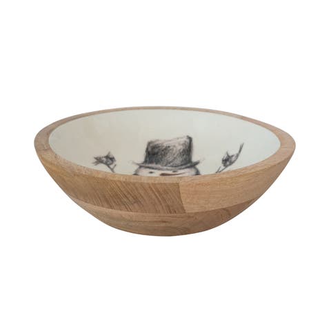 Enameled Mango Wood Bowl with Snowman and Bird Image, Red, Black and White