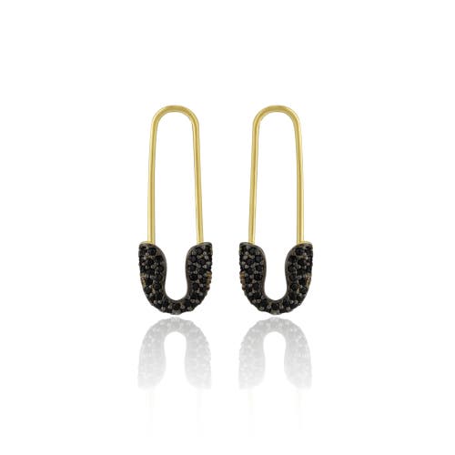 Spero London Black Pave Safety Pin Earring Jewelled Sterling Silver In Gold