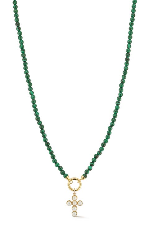 14K Yellow Gold Cultured Pearl Cross Charm Beaded Necklace