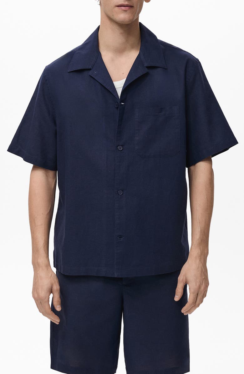 MANGO Oversize Cotton & Linen Camp Shirt, Main, color, Ink Blue