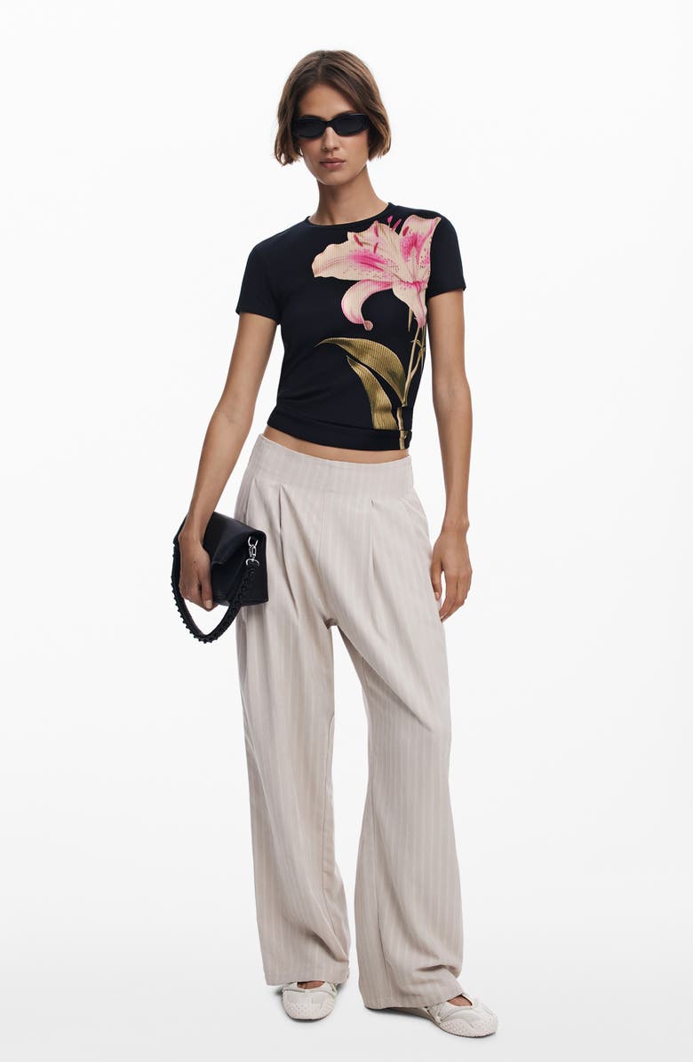 Desigual Floral Keyhole Rib T-Shirt, Alternate, color, Black