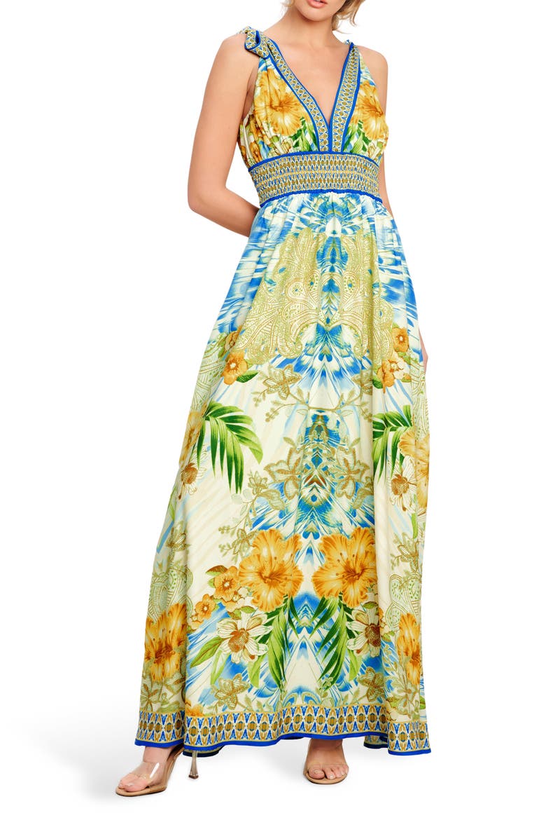Tie Strap Empire Waist Maxi Dress, Main, color, BLUE MULTI