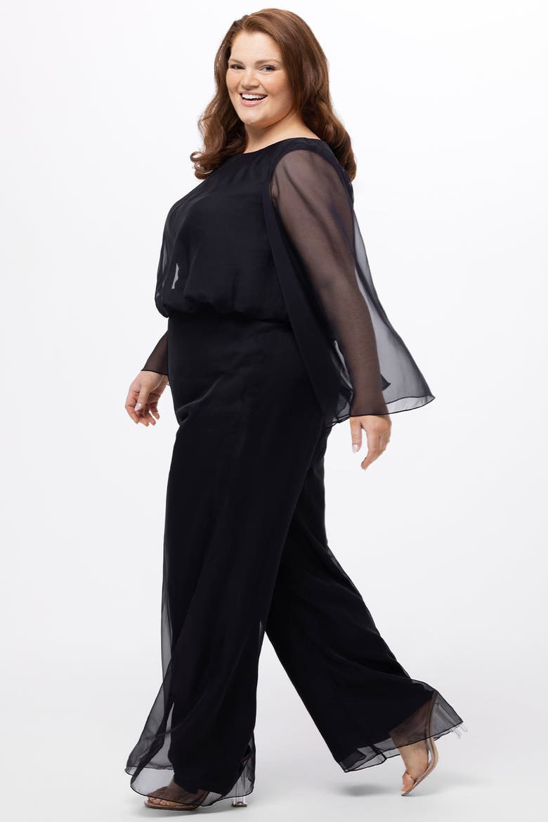 Scoop Neck Wide Leg Plus Size Jumpsuit with Sleeves, Alternate, color, Black