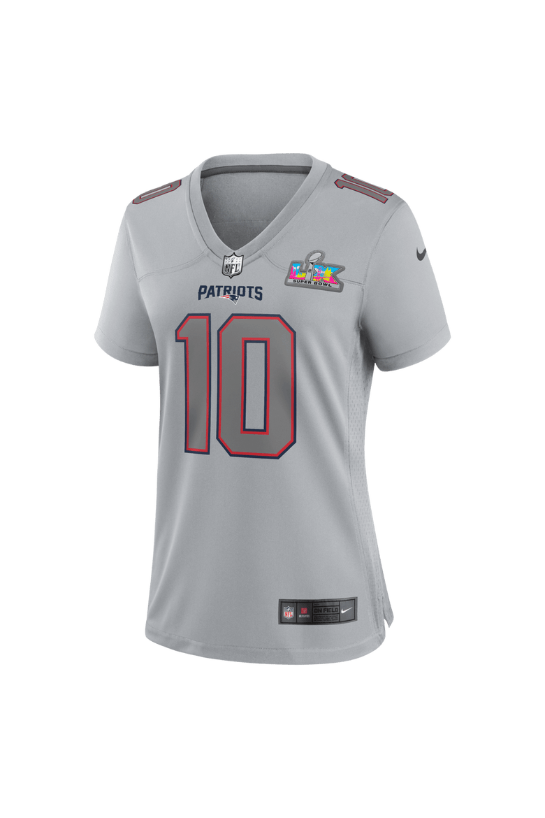 Women's Nike Drake Maye Silver New England Patriots Super Bowl LX Patch Atmosphere Fashion Game Jersey, Alternate, color, Silver