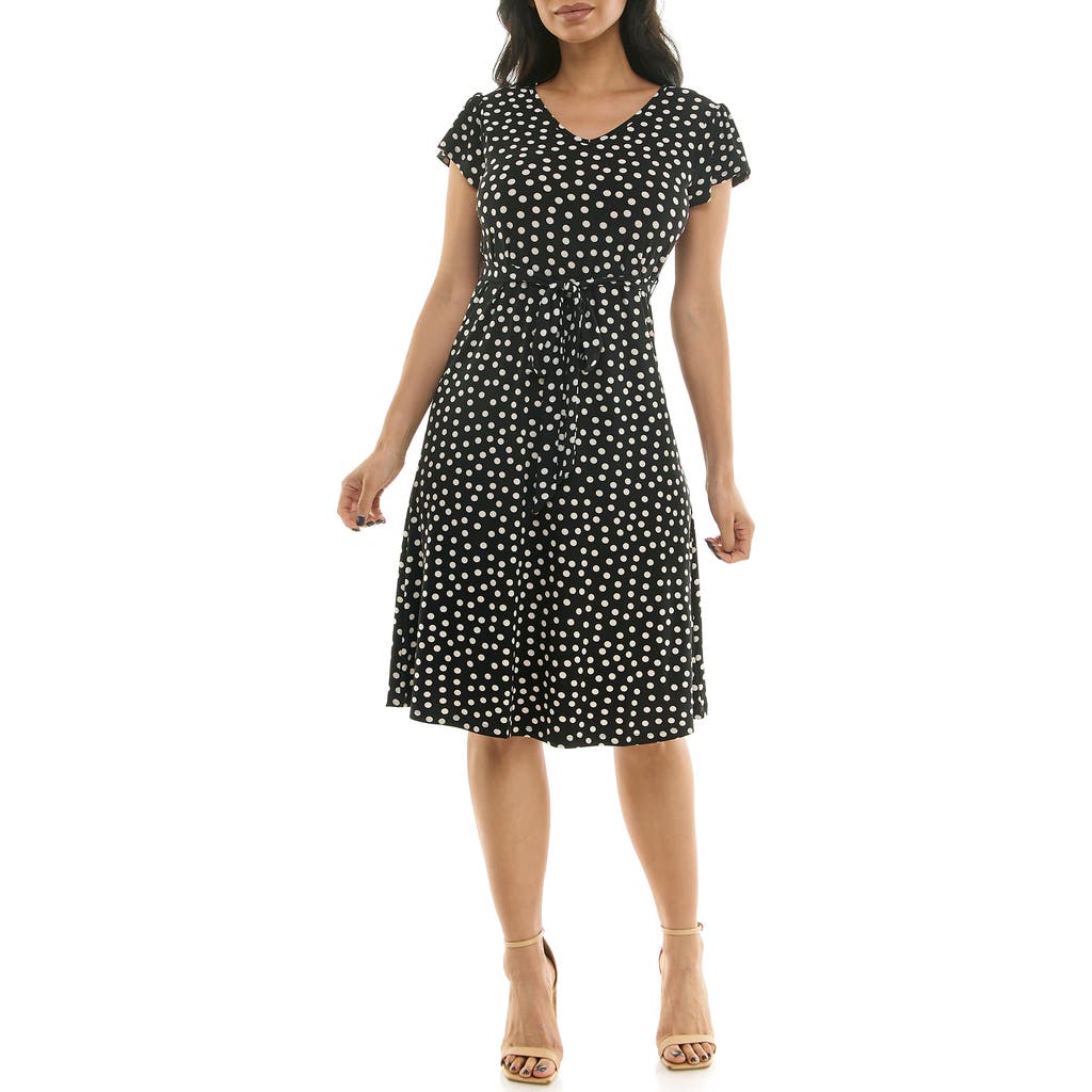 Shop Nina Leonard Polka Dot Cap Sleeve Midi Dress In Black/vanilla Ice