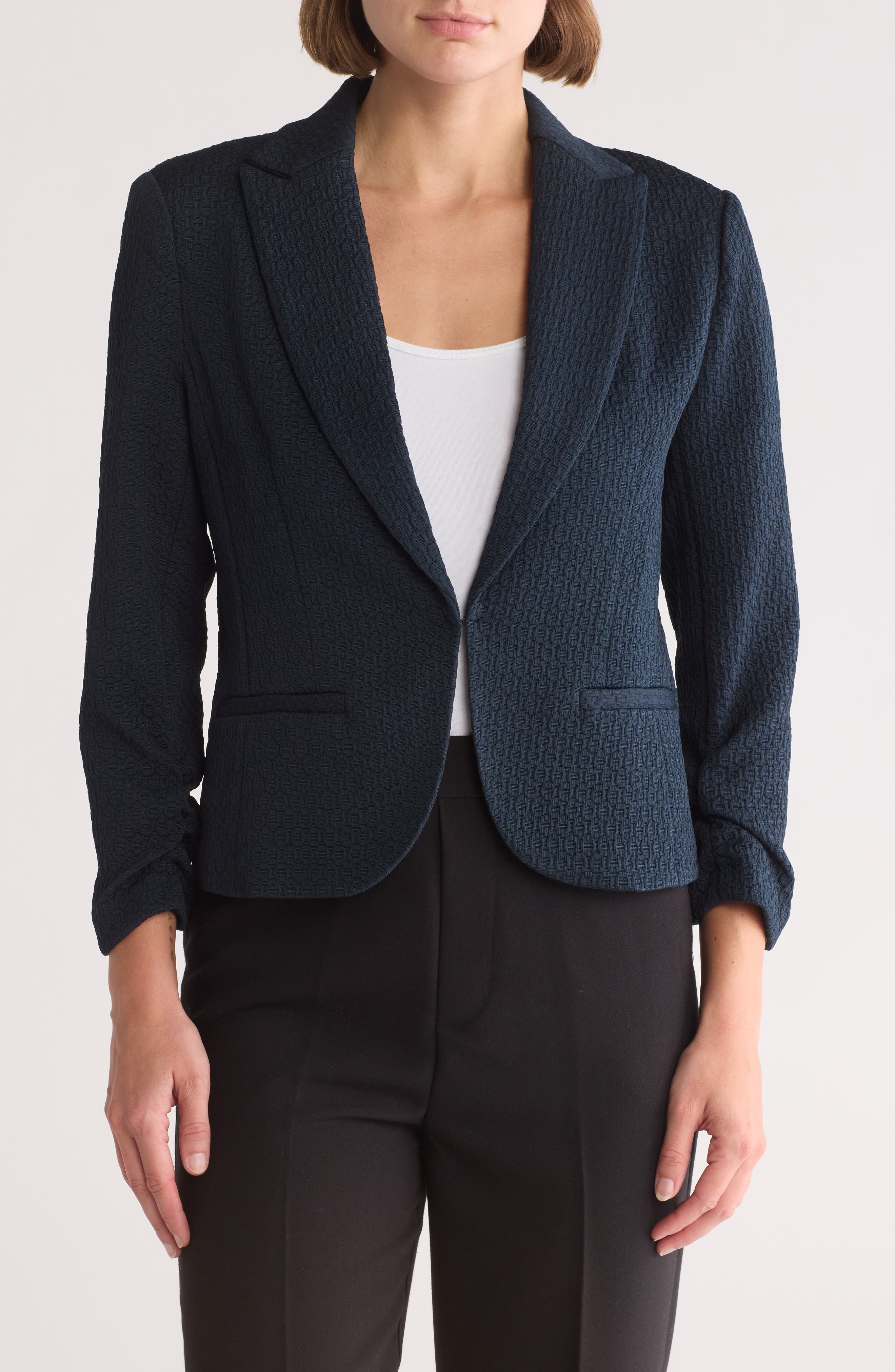 Amanda & Chelsea Ruched Sleeve Jacquard Blazer