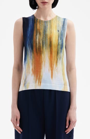 Oscar De La Renta Brushstroke Print Sleeveless Sweater In Calendula Multi
