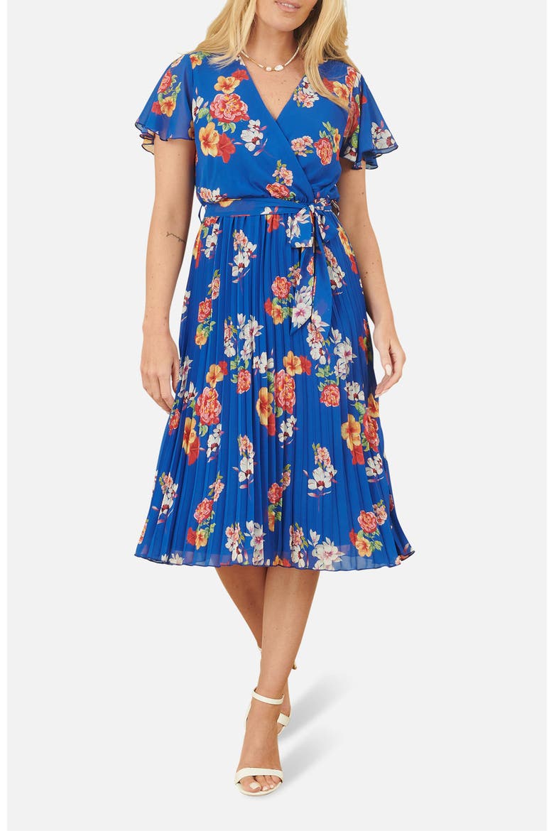 Pleated Floral Tie-Waist Wrap Midi Dress, Alternate, color, Blue