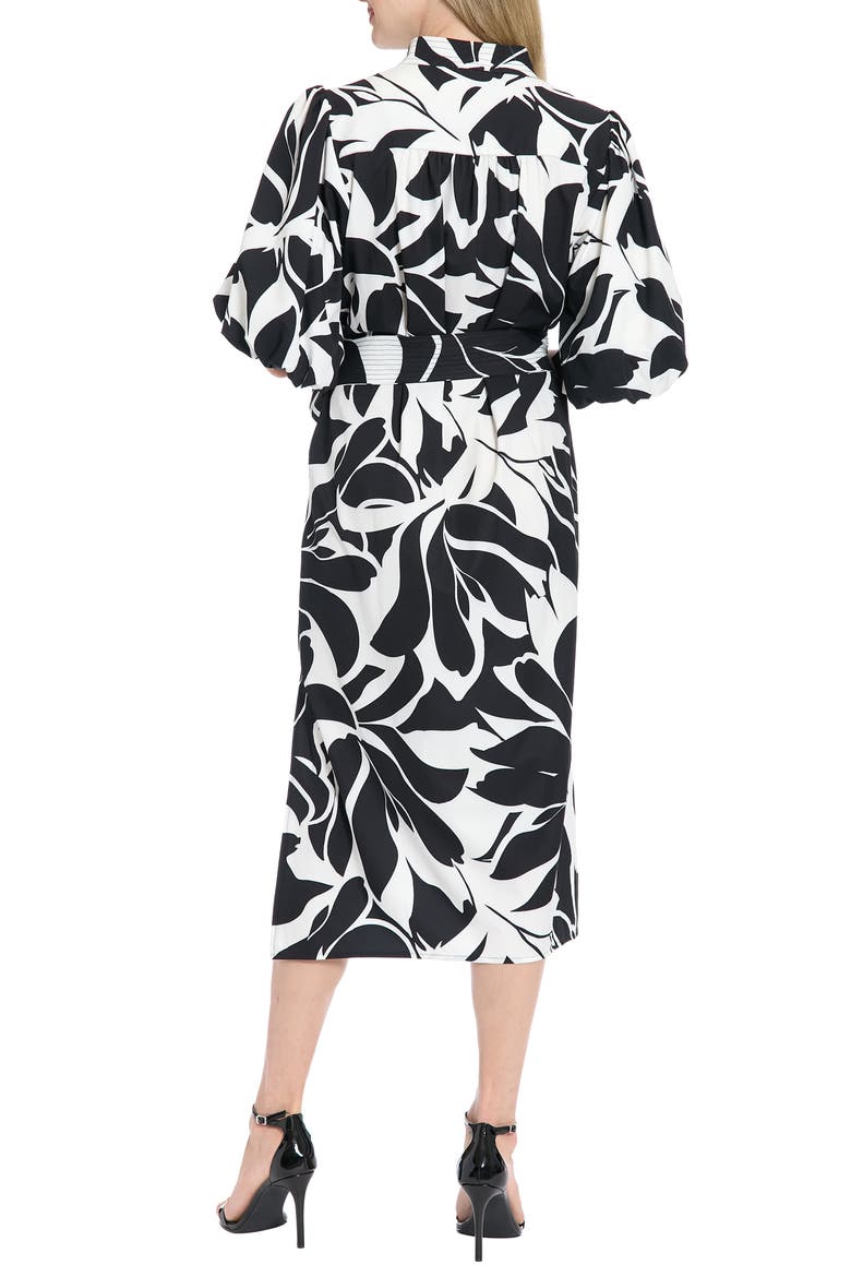 Tie Waist Split Neck Midi Dress, Alternate, color, WHITE/ BLACK