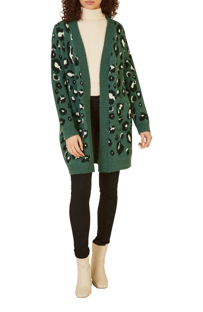 Yumi Animal Intarsia Knit Long Cardigan, Alternate, color, Green