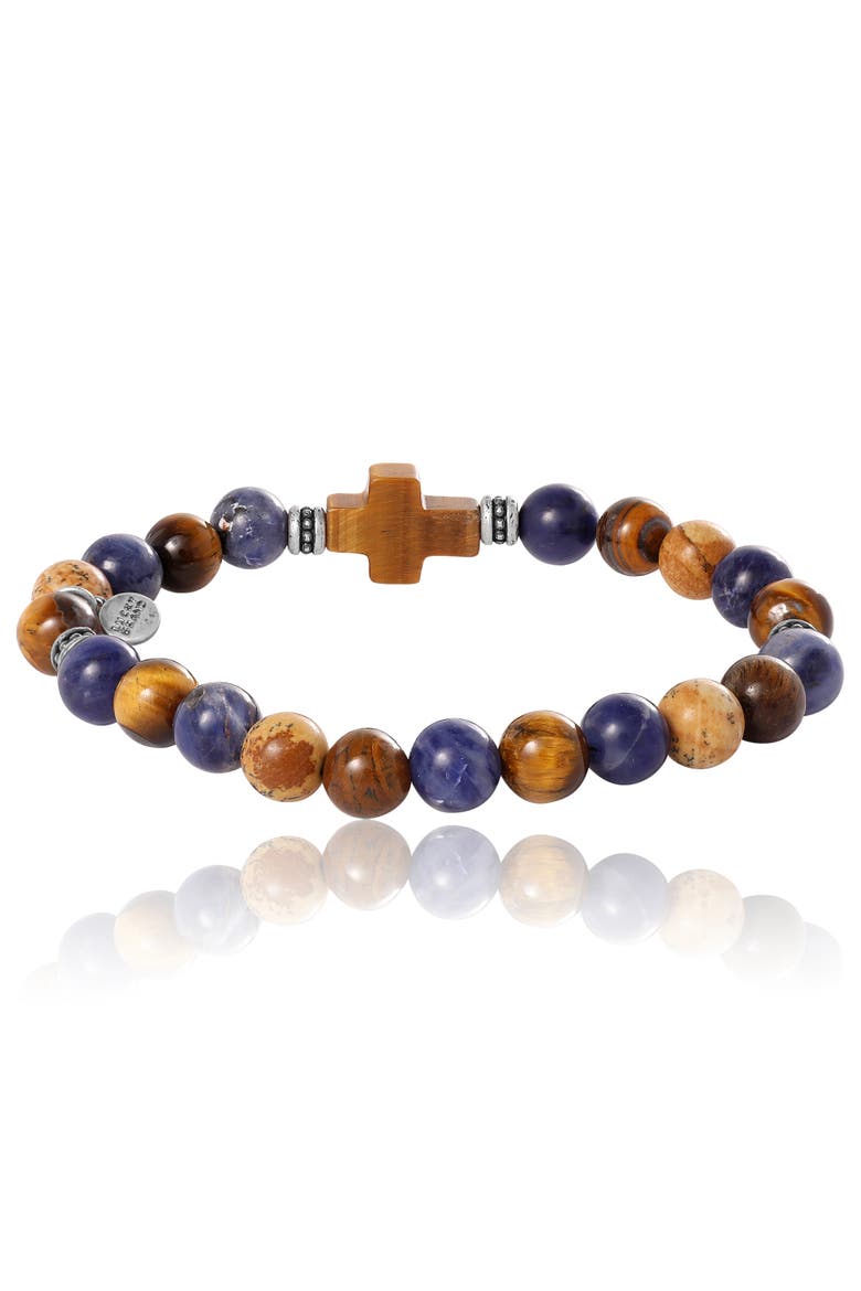 Sodalite Bead Stretch Bracelets with Cross Accents, Alternate, color, Blue, brown