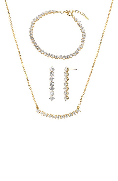 Sterling Silver 18k Gold Plated Josephine Tennis Necklace, Bracelet & Earring Set Holiday Gift Idea