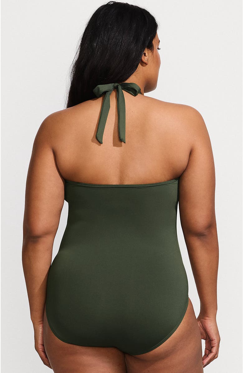Lands' End Sculpting Suit Plunge Halter High Leg One Piece Swimsuit, Alternate, color, Rich Olive Green