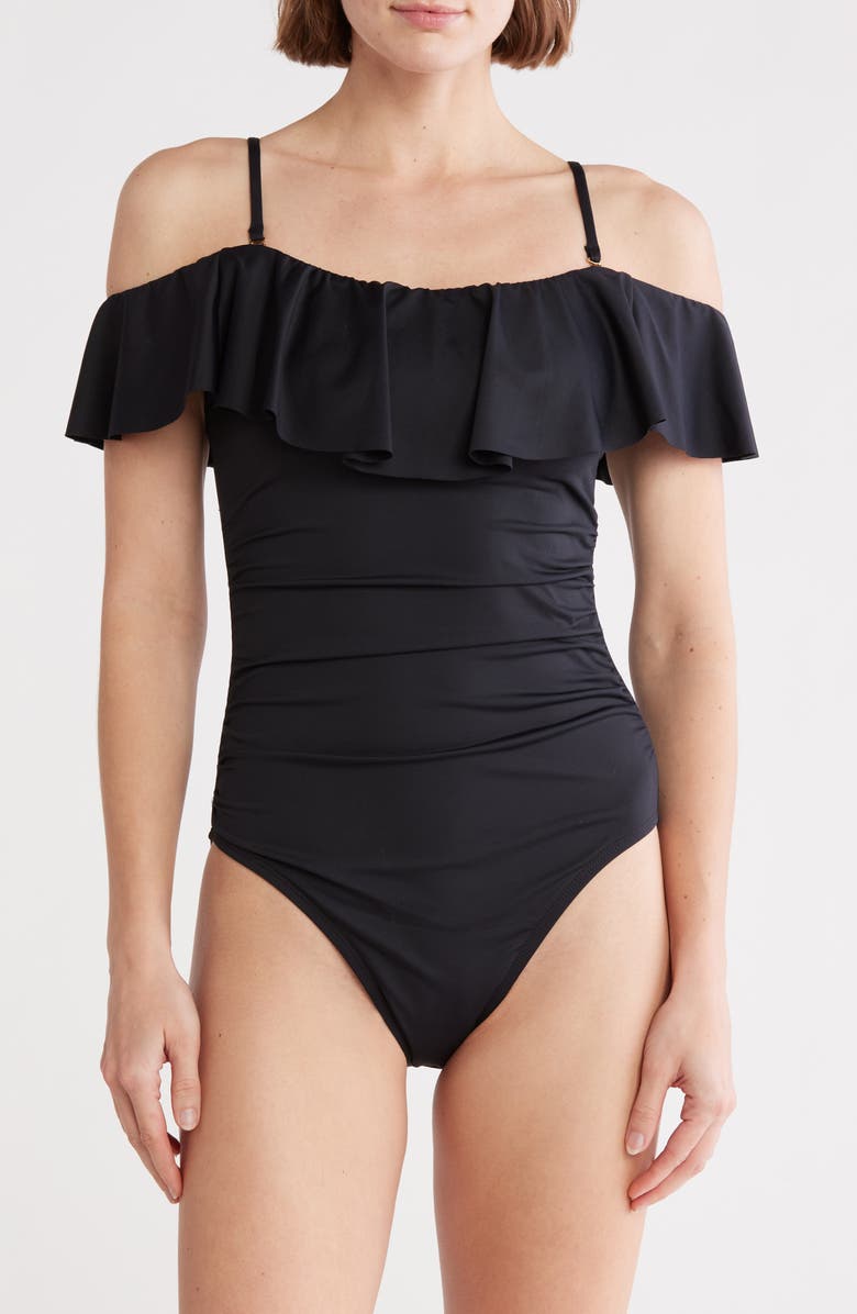 La Blanca Convertible Ruffle One-Piece Swimsuit, Main, color, Black