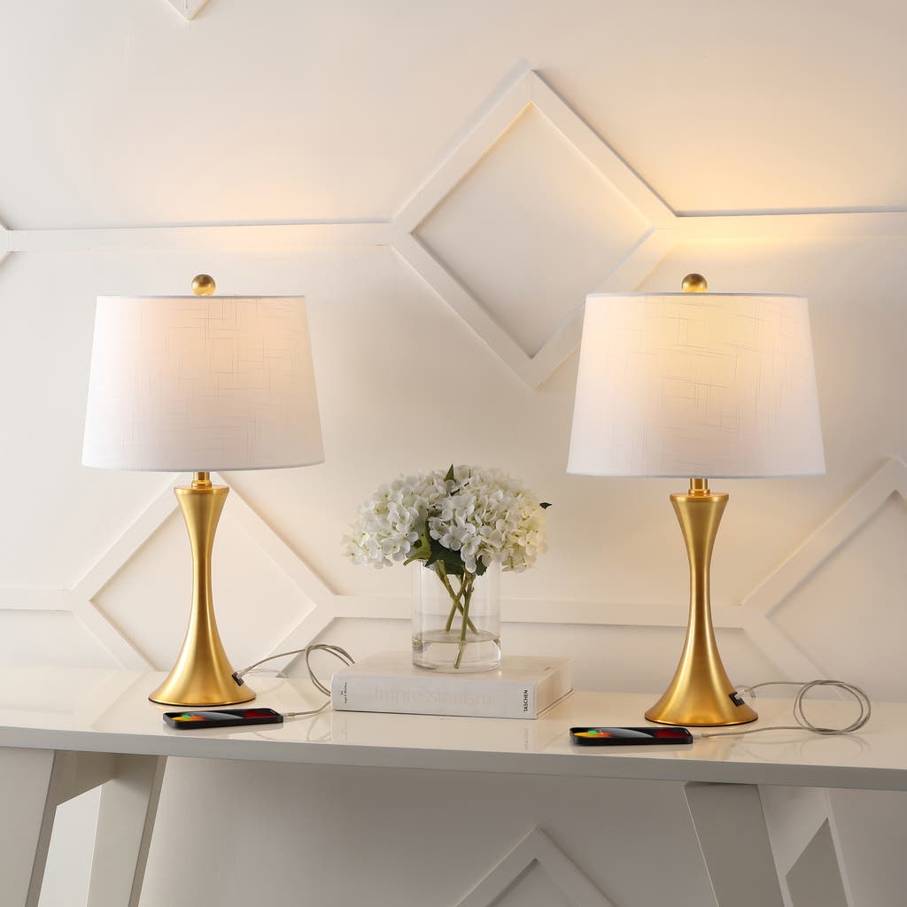 Jonathan Y Bennett Modern Glam Iron Hourglass Led Table Lamp With Usb Charging Port In Brass Gold