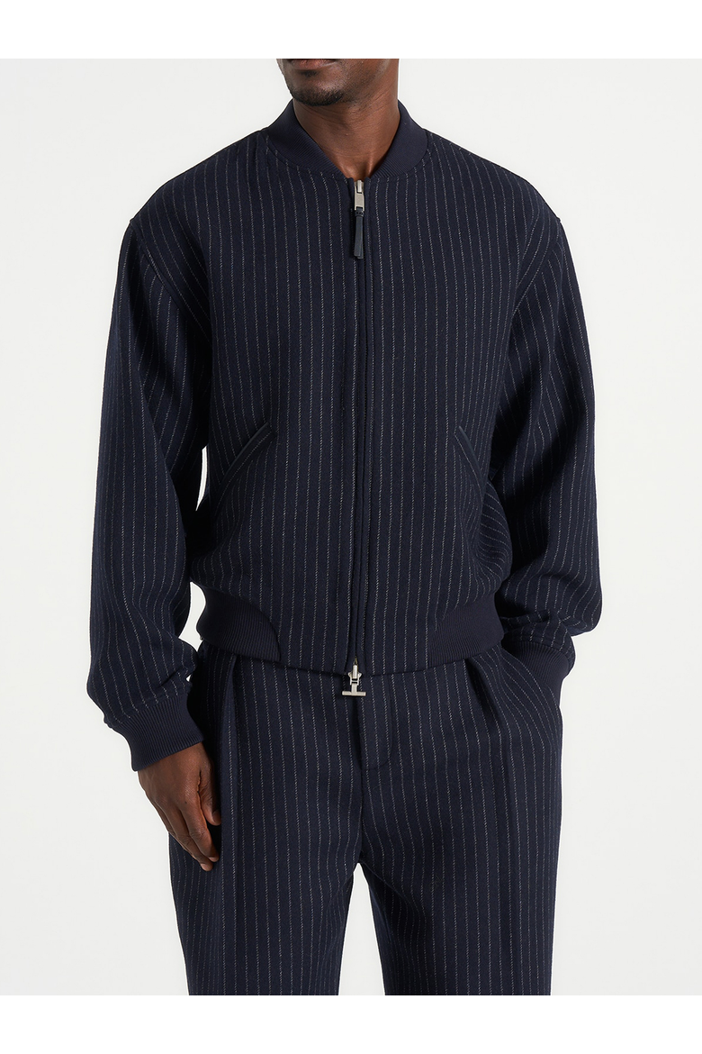 Leandro Pinstripe Wool Bomber Jacket, Main, color, Navy