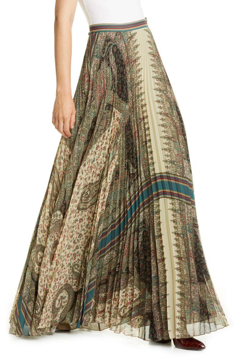 Brocade Print Pleated Maxi Skirt, Alternate, color, BEIGE