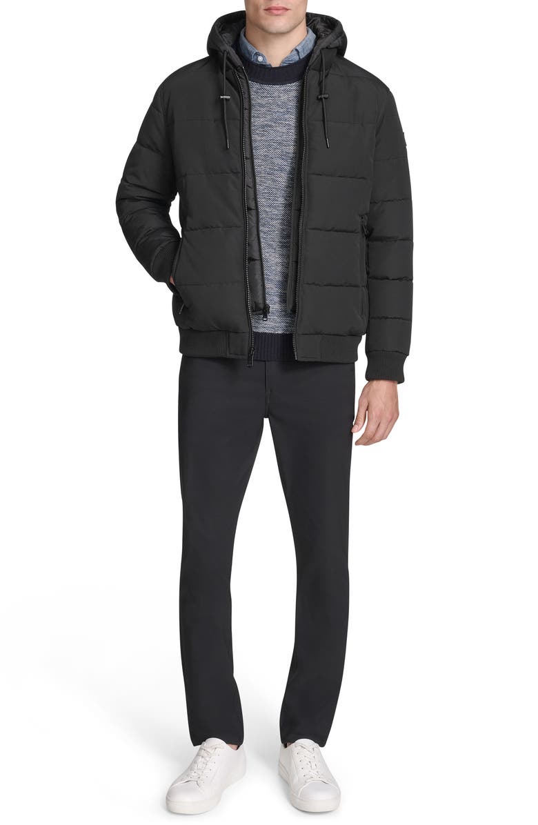 Kenneth Cole New York Oxford Hooded Quilted Bomber Jacket, Alternate, color, Black