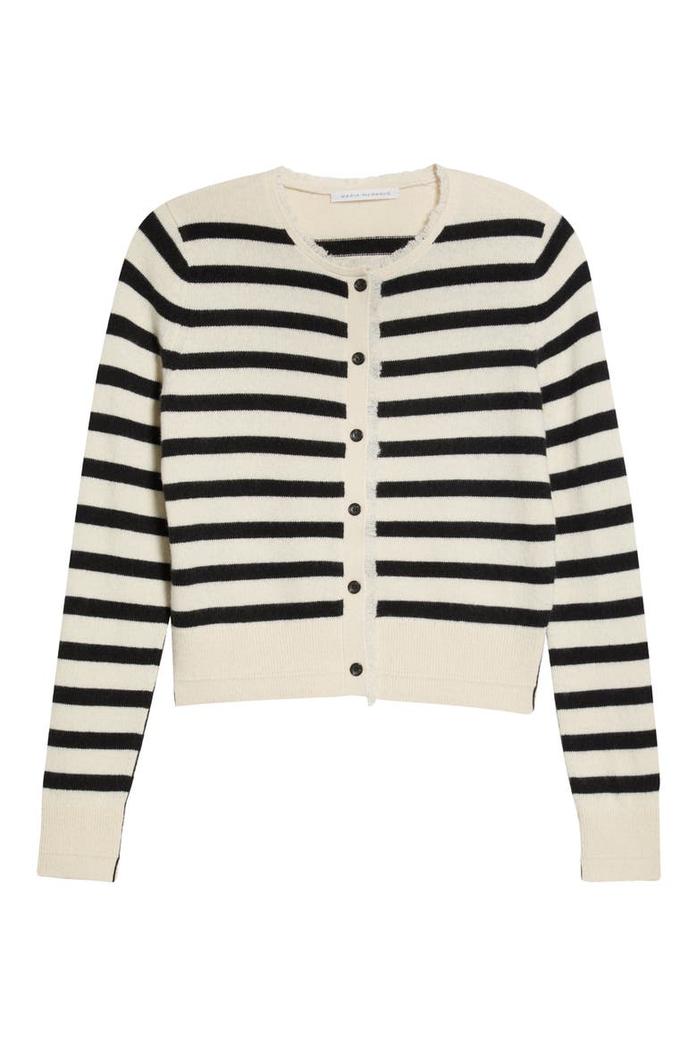Fringe Trim Stripe Cashmere & Organic Cotton Cardigan, Alternate, color, IVORY/ BLACK STRIPE