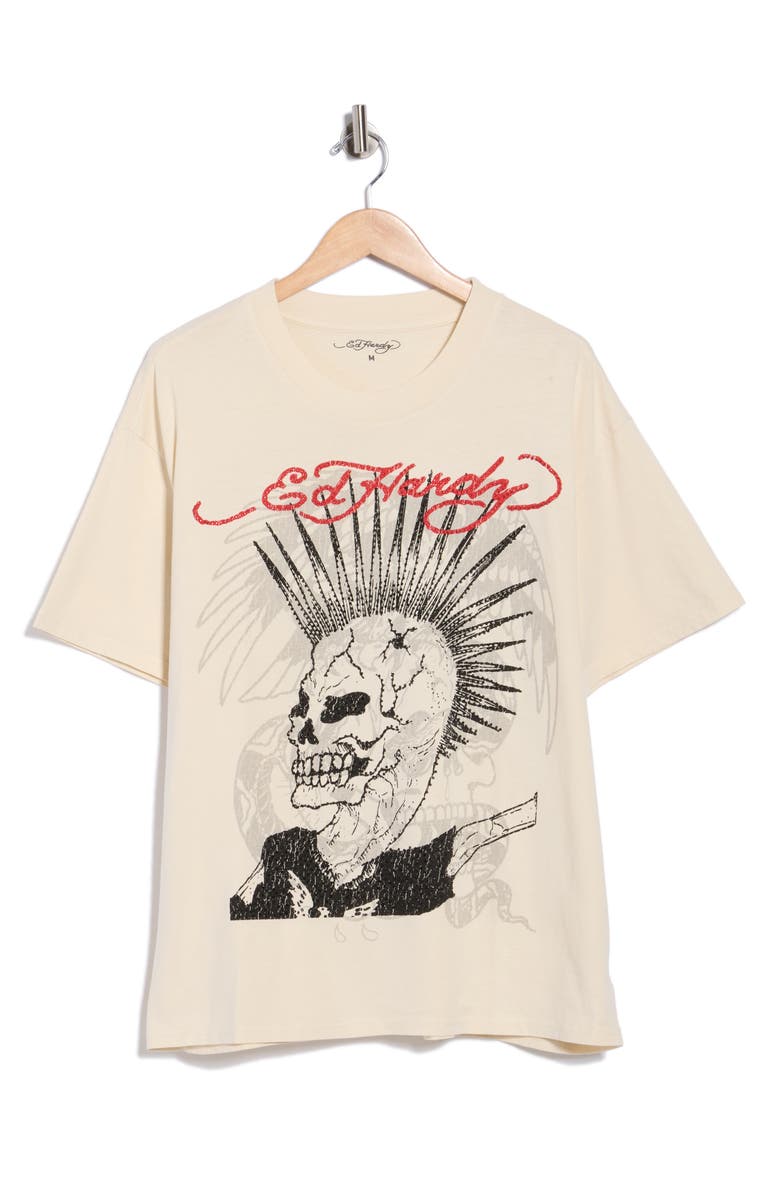 Ed Hardy Rhinestone Punk Mohawk Boxy Graphic T-Shirt, Main, color, Ivory