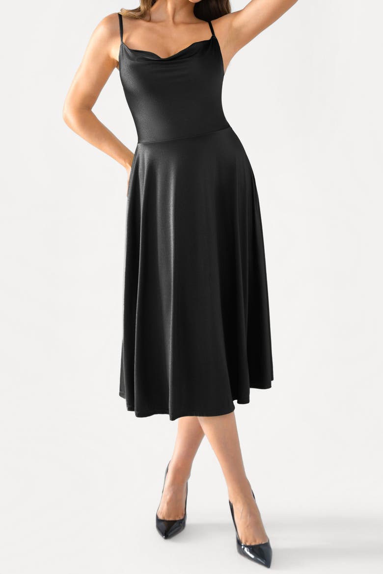 Shapewear Strappy Cowl Neck Vacation & Date Night Fit & Flare Midi Dress, Main, color, Midnight Black