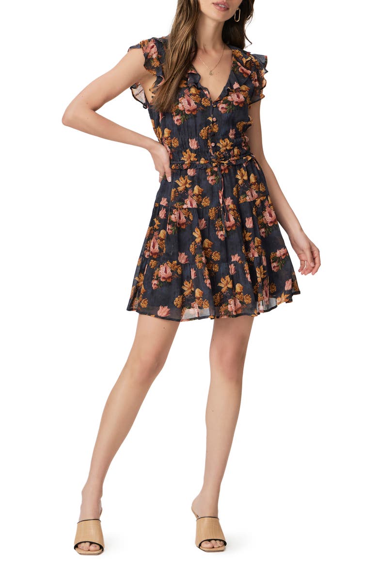 Paradis Floral Button Front Silk Minidress, Main, color, NAVYMLTI