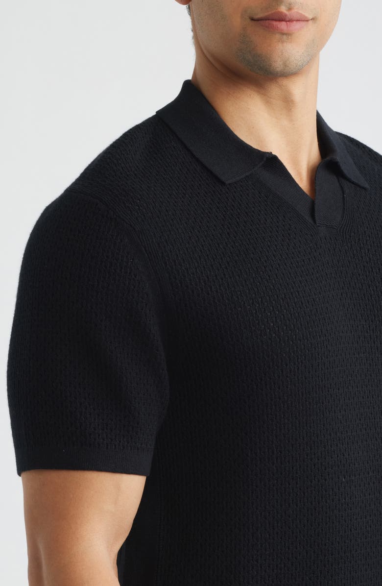 Reigning Champ Victor Johnny Collar Cotton & Linen Mesh Stitch Polo Sweater, Alternate, color, Black