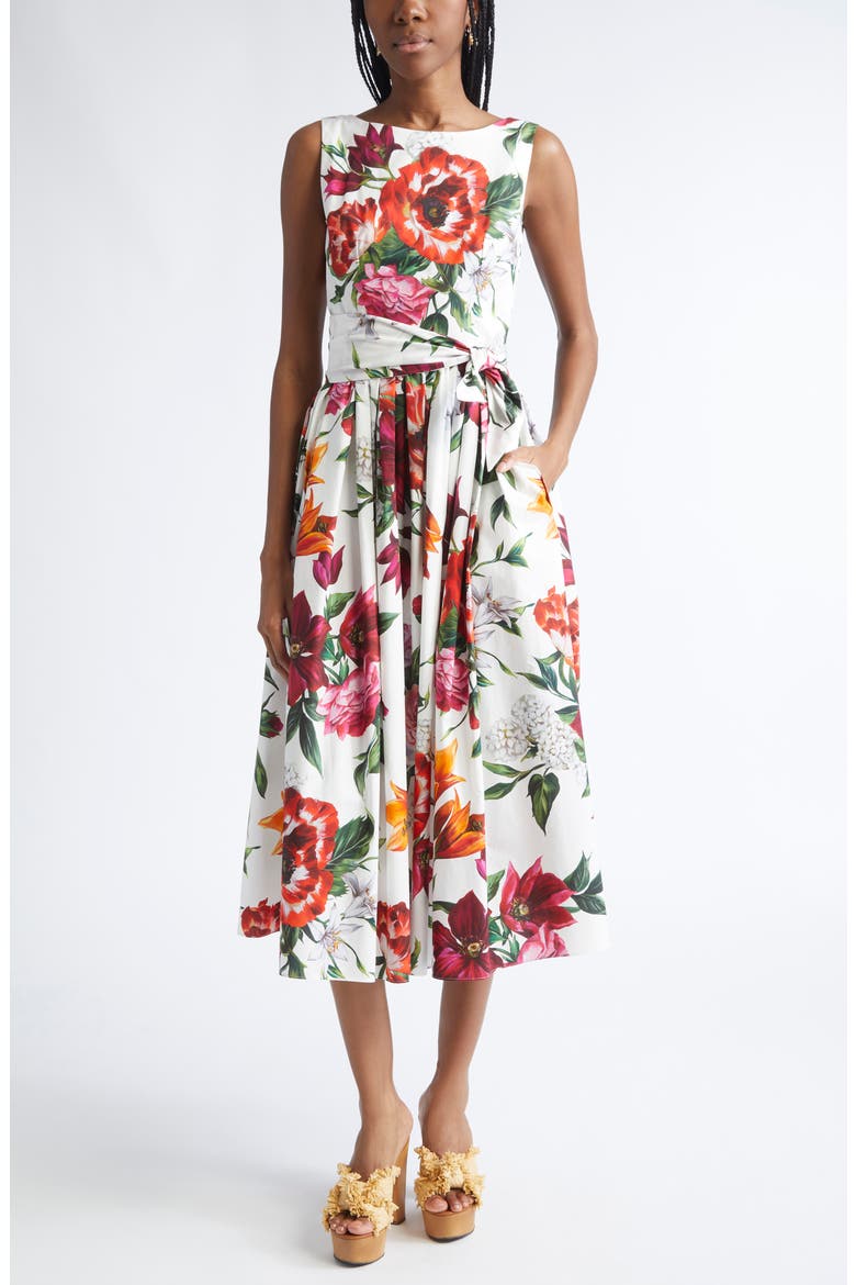 Floral Print Belted Poplin Fit & Flare Dress, Main, color, HA5PB ANEMONI GIGLI F.BCO