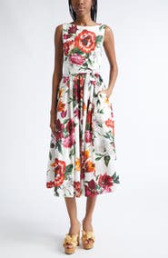 Dolce&Gabbana Floral Print Belted Poplin Fit & Flare Dress