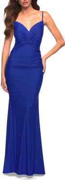 La Femme Prom Dress with Knot at Waist and Open Back