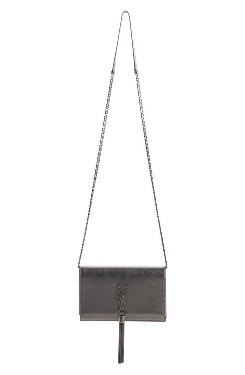 Saint Laurent Cassandre Kate Tassel Metallic Leather Wallet on a Chain, Alternate, color,