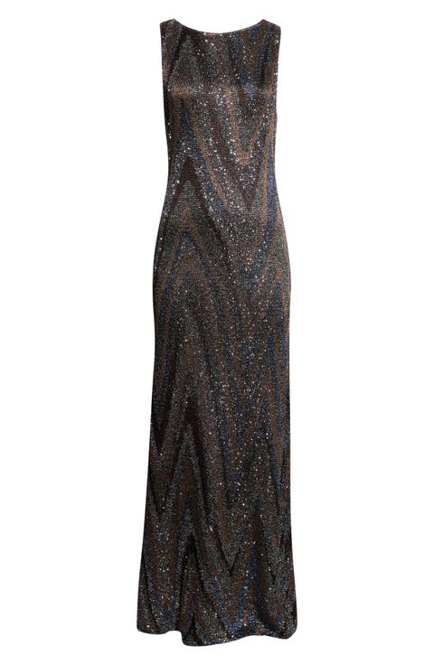 Sequin Metallic Zigzag Jacquard Maxi Dress