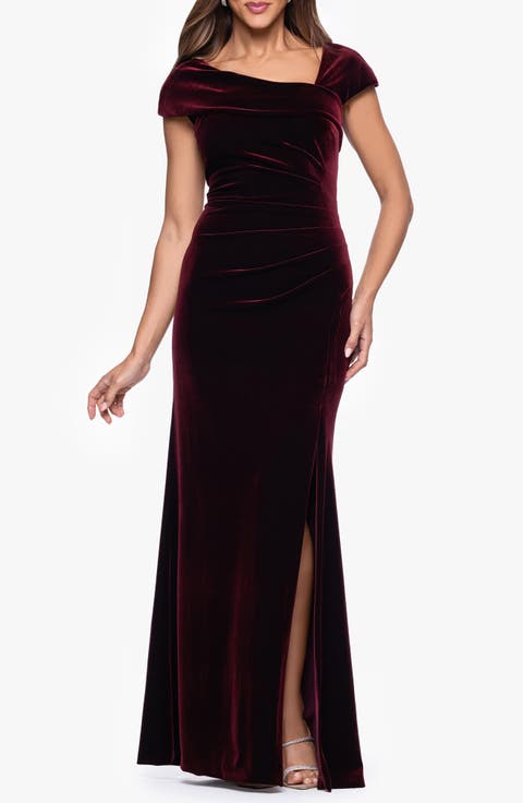 Asymmetric Neck Cap Sleeve Stretch Velvet Gown
