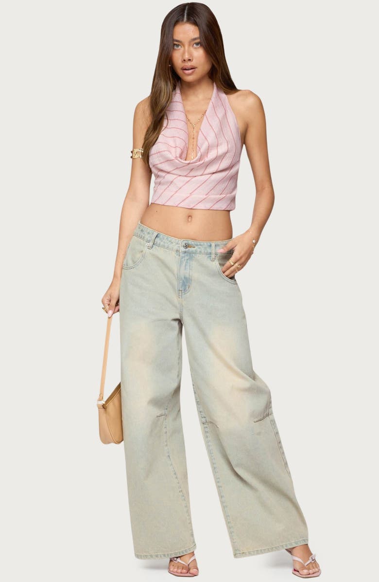 EDIKTED Stripe Cowl Neck Halter Crop Top, Alternate, color, Pink