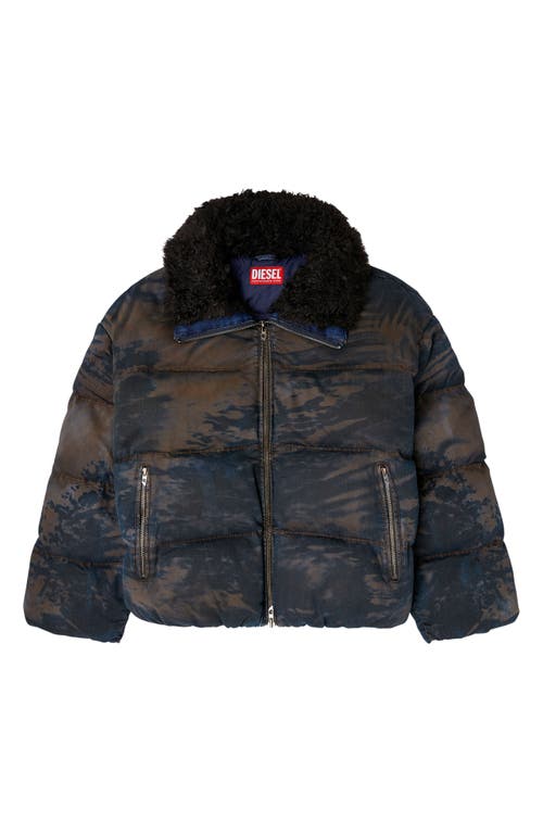 Diesel Puffer Jacket In Dirt-effect Camo Denim In Black