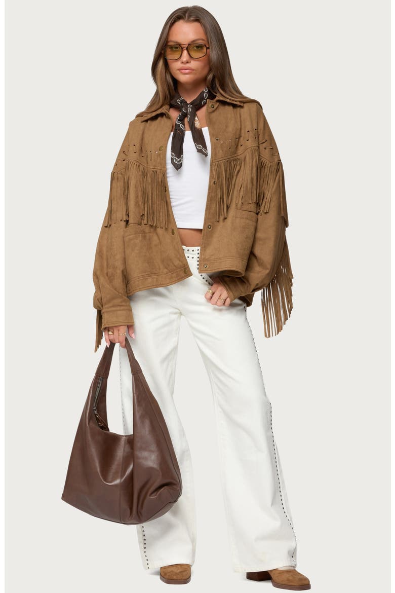 Evonka Fringe Faux Suede Jacket, Alternate, color, BROWN