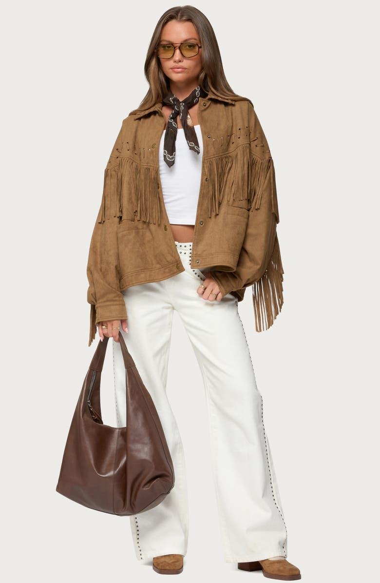 EDIKTED Evonka Fringe Faux Suede Jacket, Alternate, color,