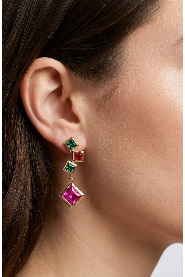 Square Cut Crystal Drop Earrings, Main, color, MULTI/ GOLD