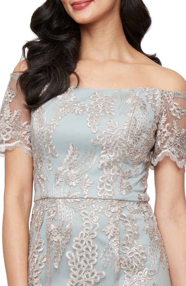 Alex Evenings Embroidered Off the Shoulder Tulle Mermaid Gown, Alternate, color,