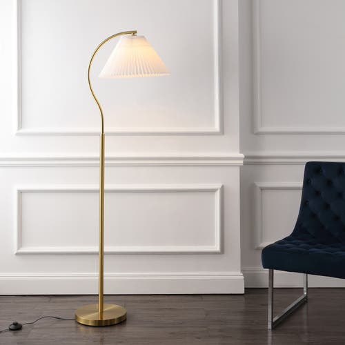 Jonathan Y Devon Modern Glam Metal Arc Led Floor Lamp With Pleated Shade In Brass Gold