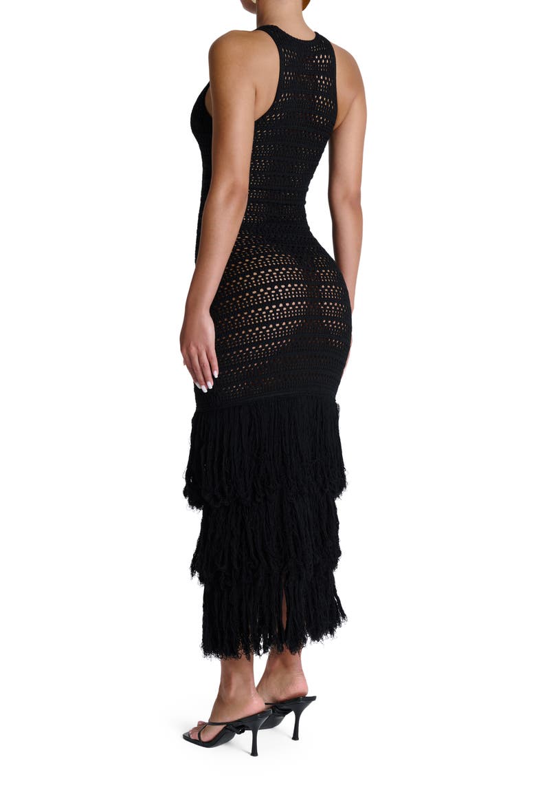 Open Stitch Fringe Midi Dress, Alternate, color, BLACK