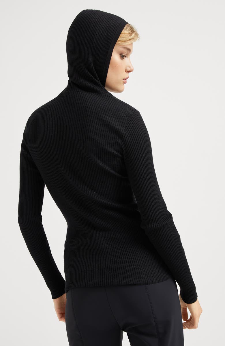 Brunello Cucinelli Sparkling cashmere and silk lightweight rib knit hooded sweater with shiny detail, Alternate, color, 