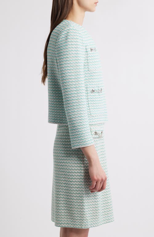 Shop Ming Wang X Tanya Foster Heritage Fit Textured Stitch Knit Jacket In Limestone/emerald Awe/white
