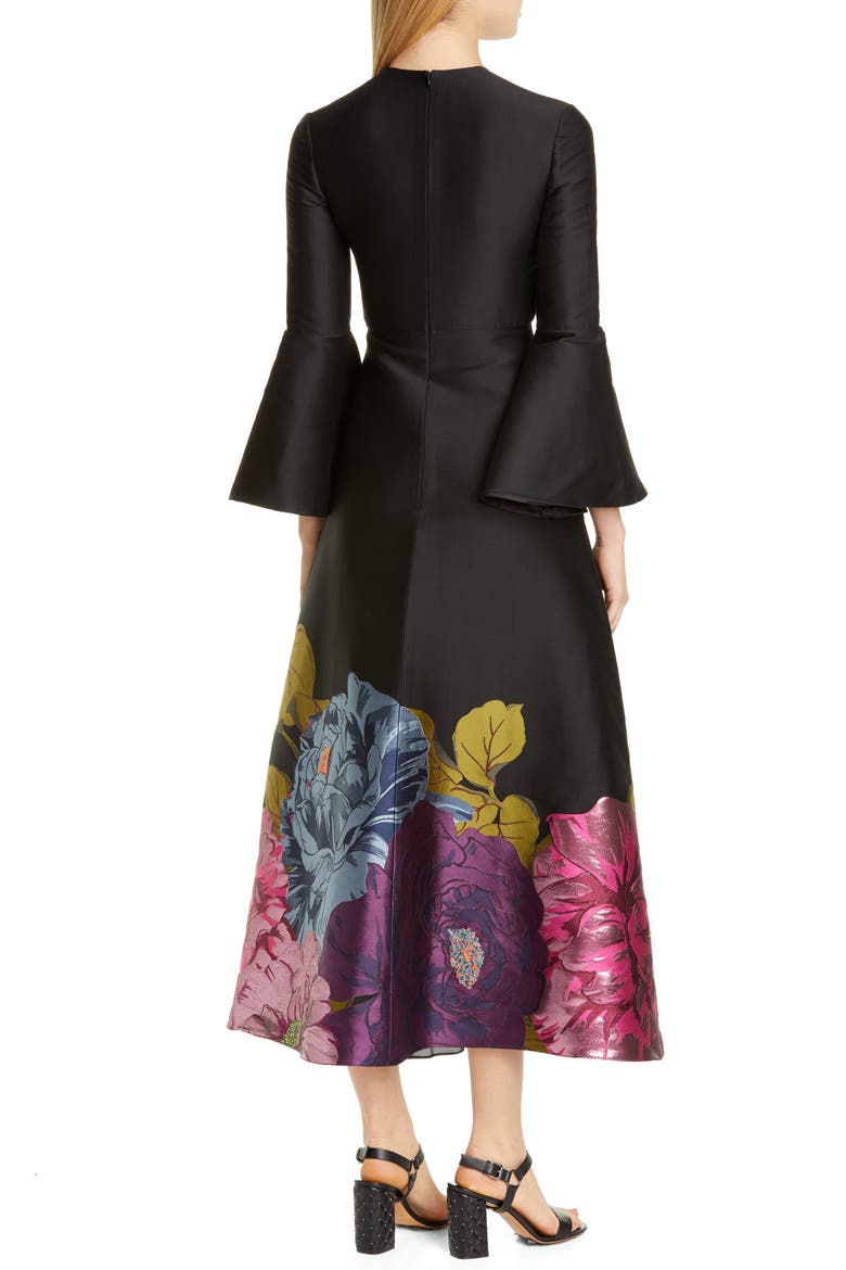 Long Sleeve Metallic Floral Brocade Tea Length Dress, Alternate, color, MULTICOLOR